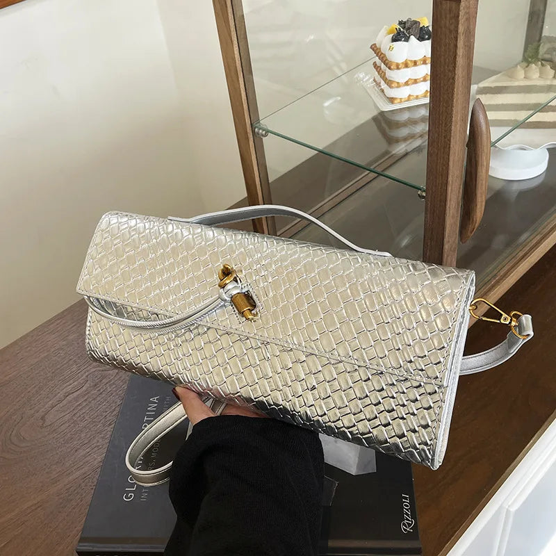 2026 New Woven Pattern Handbag Women's Pure Color Simple Commuting Banquet Two-in-one Bag PU Single Shoulder Cross-body Bag