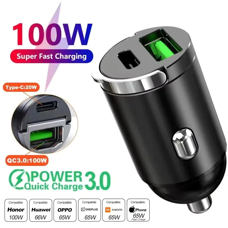 200W Dual USB Car Charger Pull Ring Fast Charging Car Phone Charger Adapter For Xiaomi Samsung Mini Car Charger