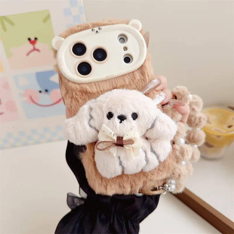 3D Cartoon Bowknot Puppy Warm Fluffy Plush Phone Case For iPhone 17 Air 16 15 14 13 12 11 Pro Max With Lanyard Shockproof Cover