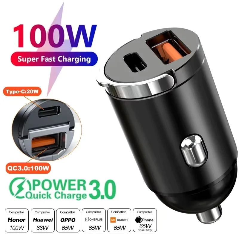 200W Dual USB Car Charger Pull Ring Fast Charging Car Phone Charger Adapter For Xiaomi Samsung Mini Car Charger
