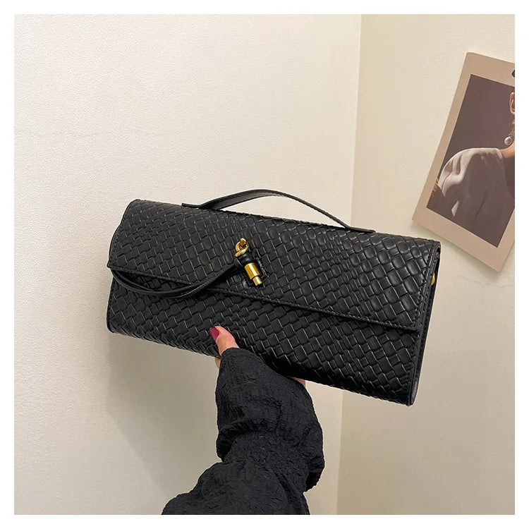 2026 New Woven Pattern Handbag Women's Pure Color Simple Commuting Banquet Two-in-one Bag PU Single Shoulder Cross-body Bag