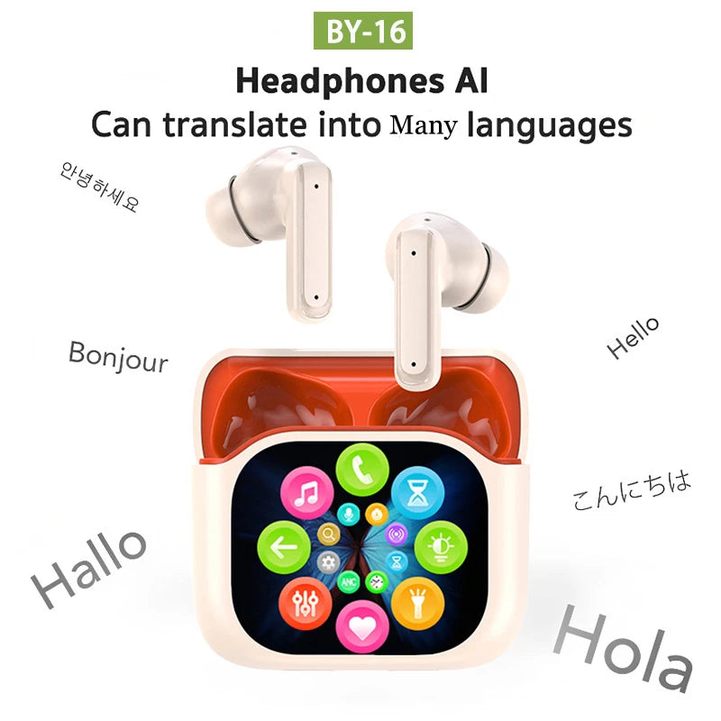 2025 AI Translation Bluetooth Earphones With Smart Display Long Battery Life Noise Reduce New Wireless Digital Display Headset