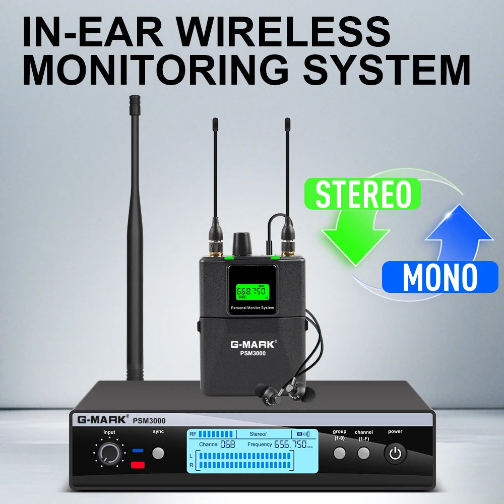 Wireless In-Ear Monitor G-MARK PSM3000 UHF Stereo Stage Return Frequency Selectable For Singer Guitar Studio Band Performance
