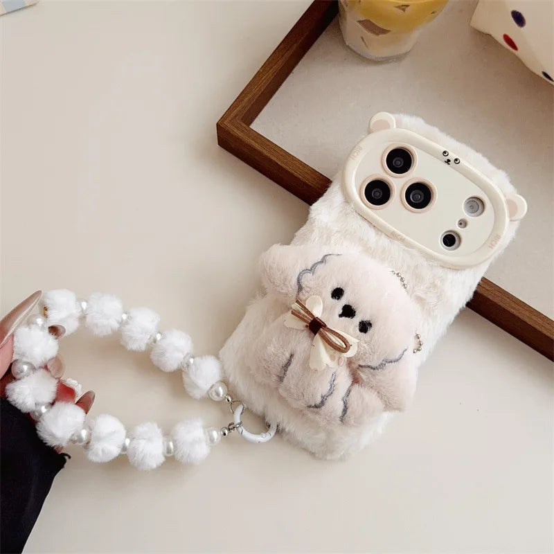 3D Cartoon Bowknot Puppy Warm Fluffy Plush Phone Case For iPhone 17 Air 16 15 14 13 12 11 Pro Max With Lanyard Shockproof Cover