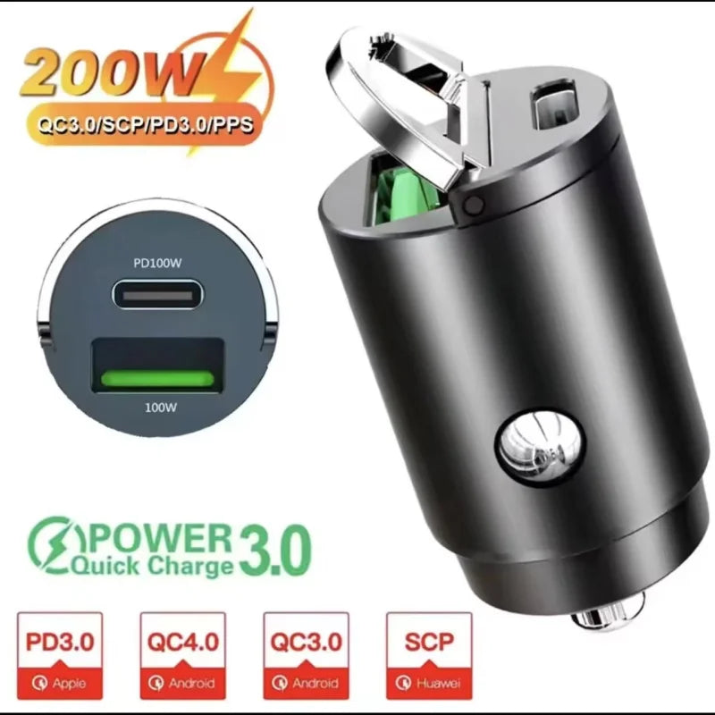 200W Dual USB Car Charger Pull Ring Fast Charging Car Phone Charger Adapter For Xiaomi Samsung Mini Car Charger