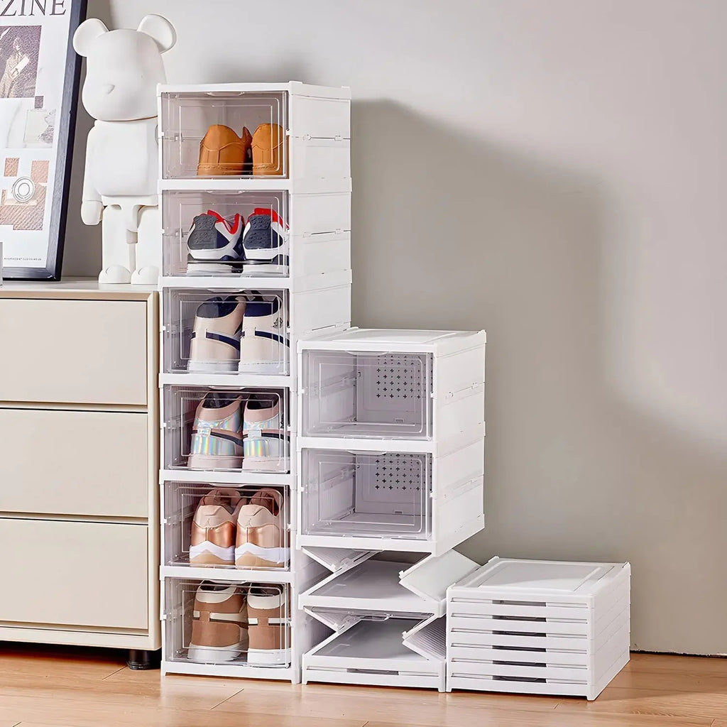 3/6 Layers Foldable Shoes Storage Box Transparent Sneaker Shoes Box Stackable Dustproof Cabinet Shoe Organizers Rack Shelf