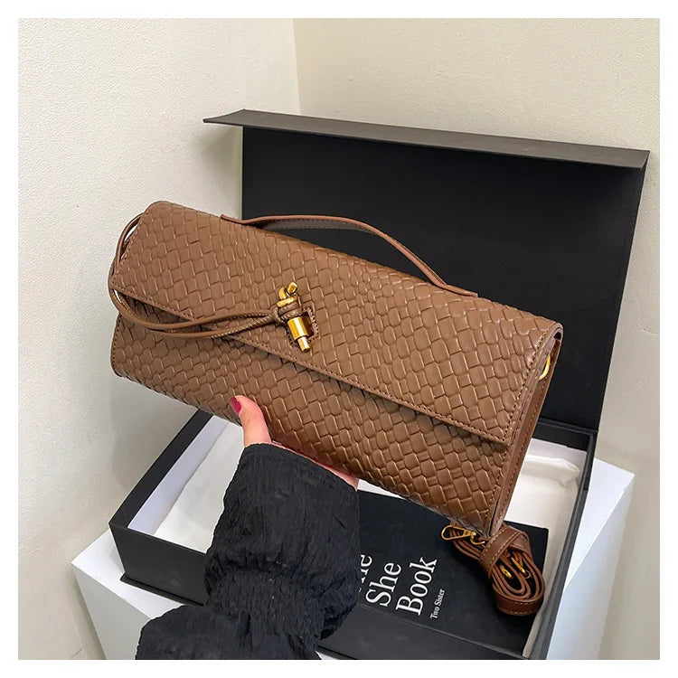 2026 New Woven Pattern Handbag Women's Pure Color Simple Commuting Banquet Two-in-one Bag PU Single Shoulder Cross-body Bag