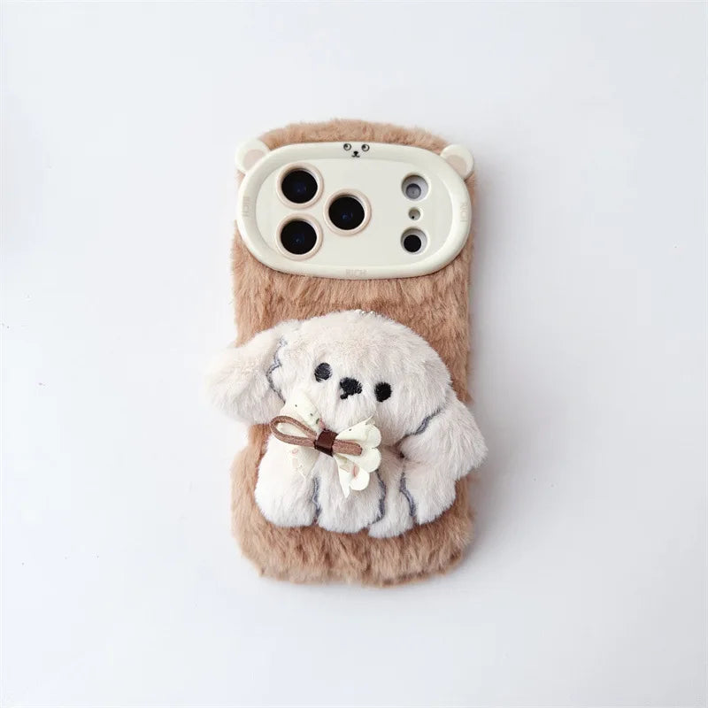 3D Cartoon Bowknot Puppy Warm Fluffy Plush Phone Case For iPhone 17 Air 16 15 14 13 12 11 Pro Max With Lanyard Shockproof Cover
