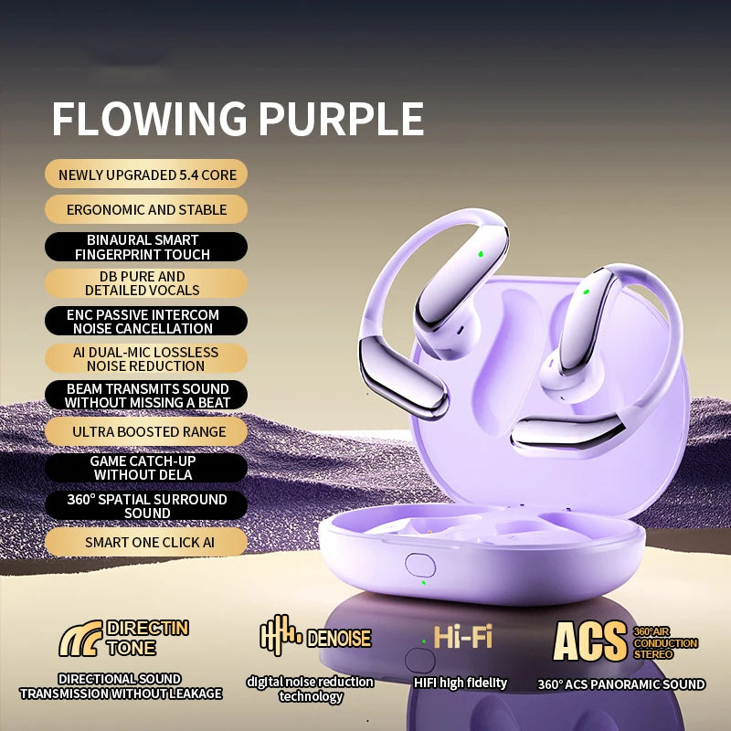 Domars AI Translation Bluetooth 5.4 Ear Hook Headphones Wireless Earphones Stereo Waterproof IPX5 Headsets Display Long Standby