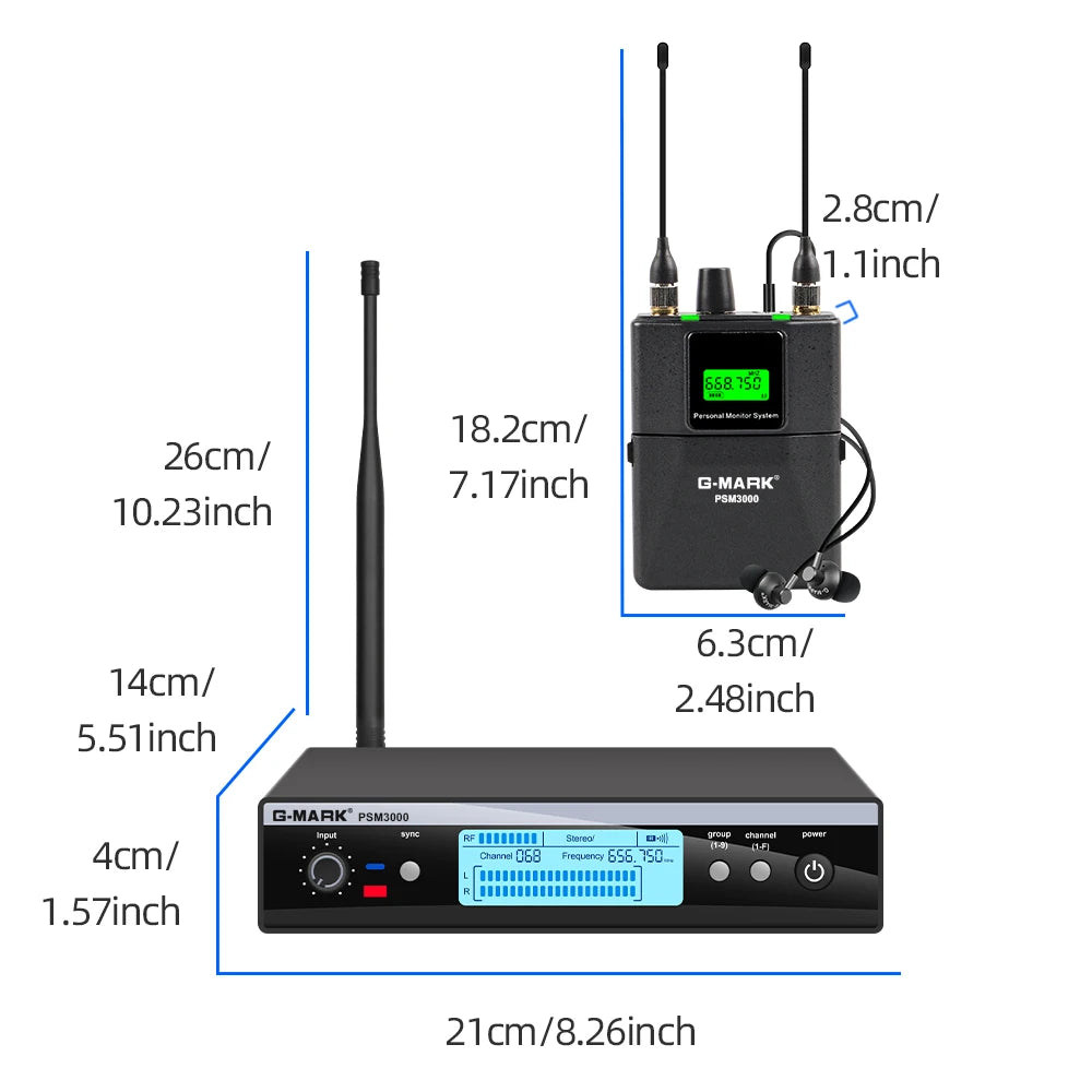 Wireless In-Ear Monitor G-MARK PSM3000 UHF Stereo Stage Return Frequency Selectable For Singer Guitar Studio Band Performance