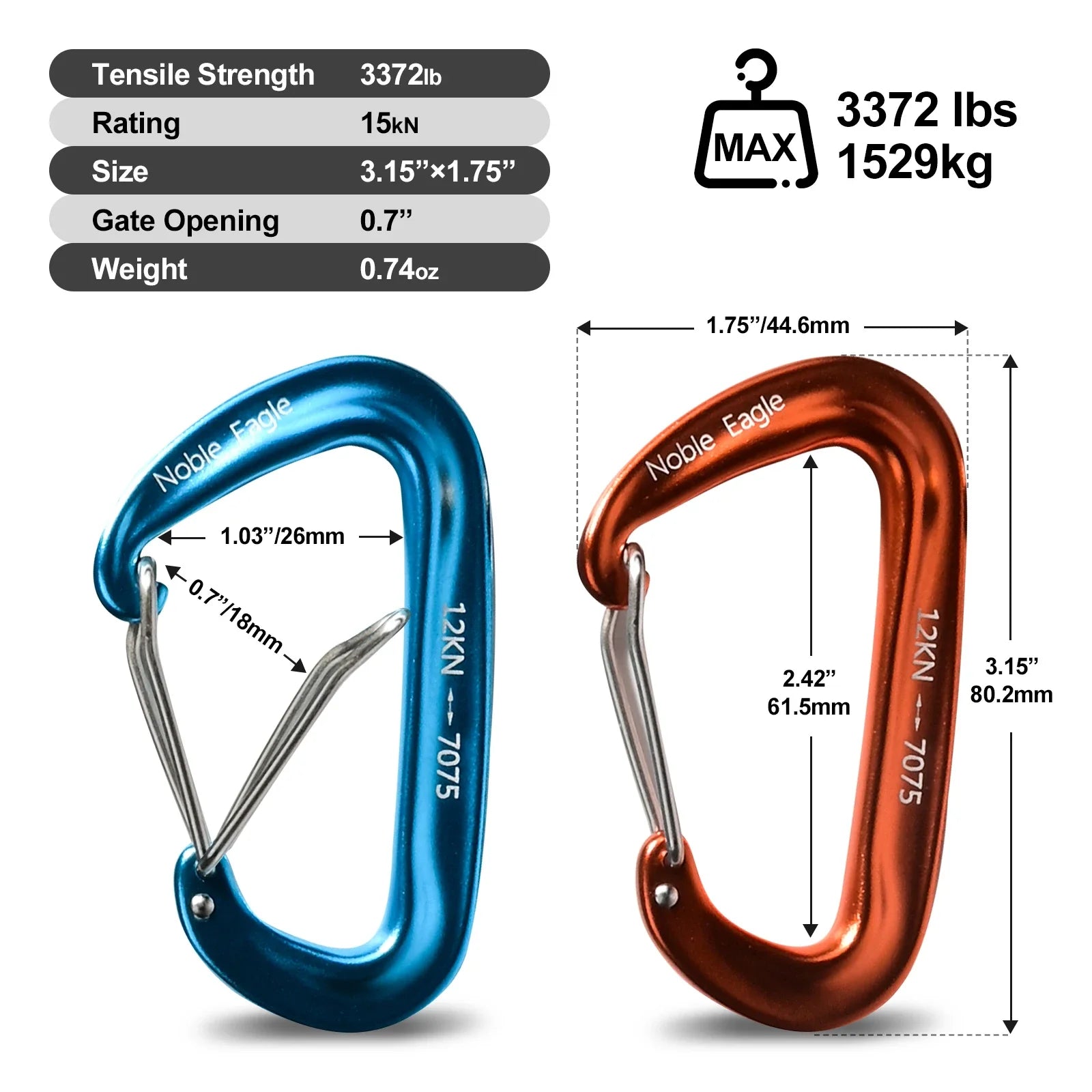 6PCS 12kN Aluminum D Ring Carabiners Heavy Duty Hook Lightweight