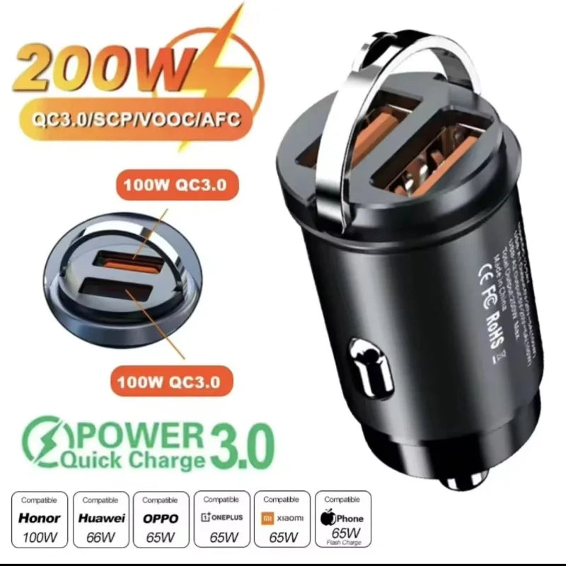 200W Dual USB Car Charger Pull Ring Fast Charging Car Phone Charger Adapter For Xiaomi Samsung Mini Car Charger