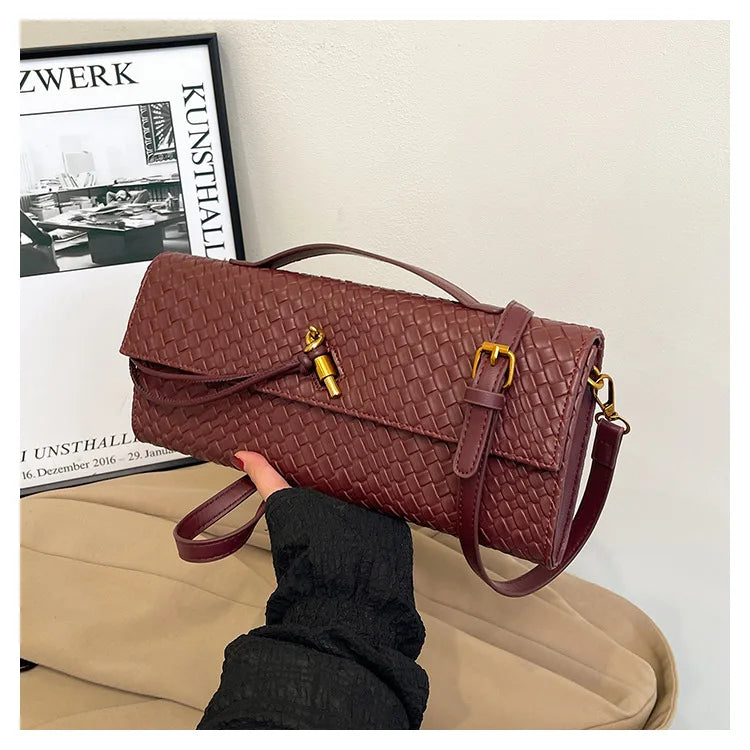 2026 New Woven Pattern Handbag Women's Pure Color Simple Commuting Banquet Two-in-one Bag PU Single Shoulder Cross-body Bag