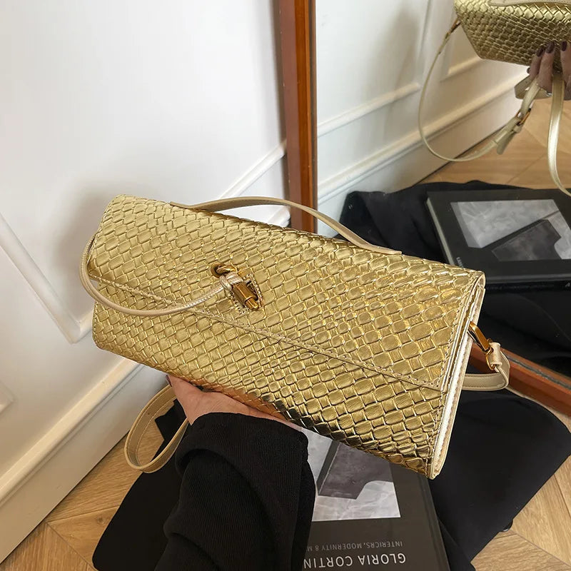 2026 New Woven Pattern Handbag Women's Pure Color Simple Commuting Banquet Two-in-one Bag PU Single Shoulder Cross-body Bag