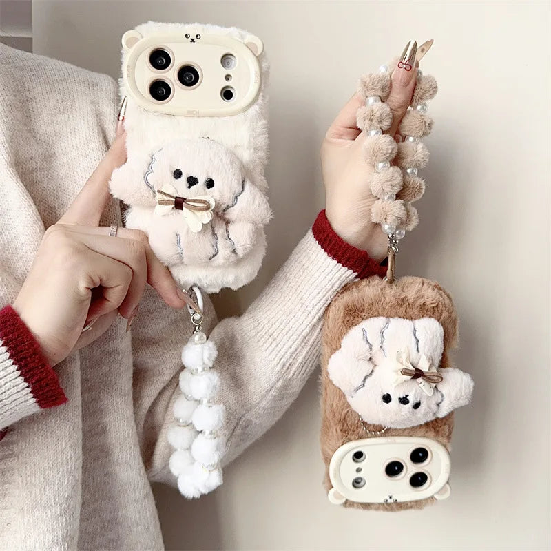 3D Cartoon Bowknot Puppy Warm Fluffy Plush Phone Case For iPhone 17 Air 16 15 14 13 12 11 Pro Max With Lanyard Shockproof Cover