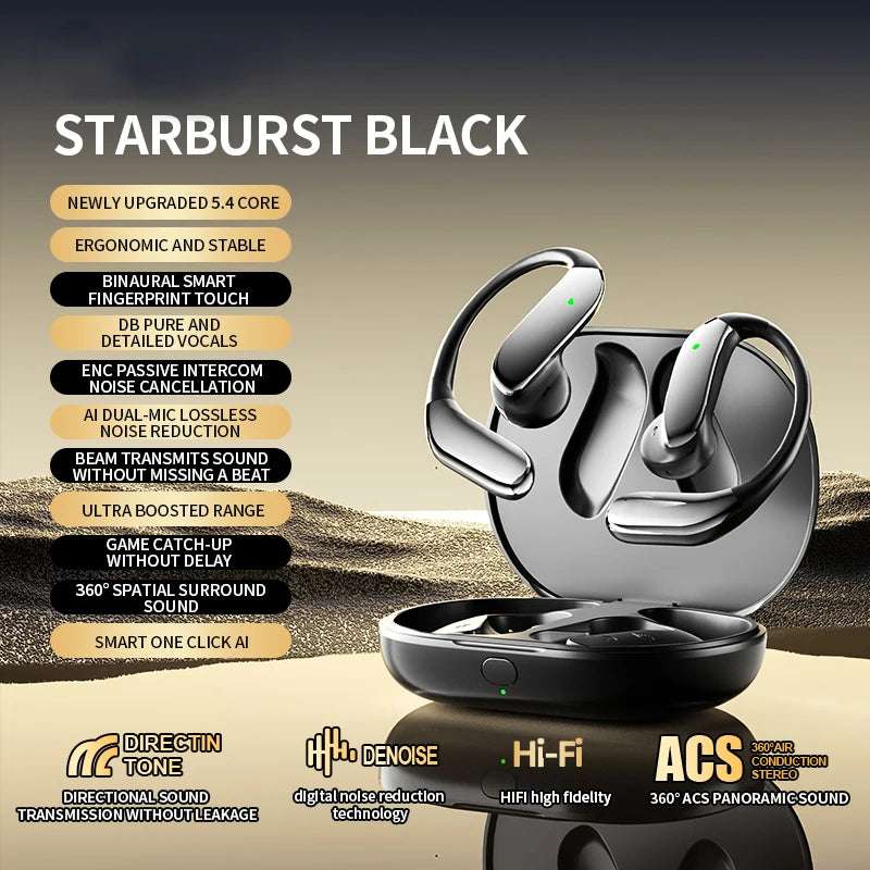 Domars AI Translation Bluetooth 5.4 Ear Hook Headphones Wireless Earphones Stereo Waterproof IPX5 Headsets Display Long Standby