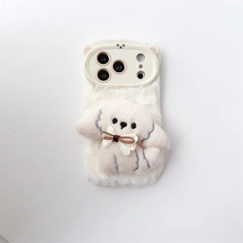3D Cartoon Bowknot Puppy Warm Fluffy Plush Phone Case For iPhone 17 Air 16 15 14 13 12 11 Pro Max With Lanyard Shockproof Cover