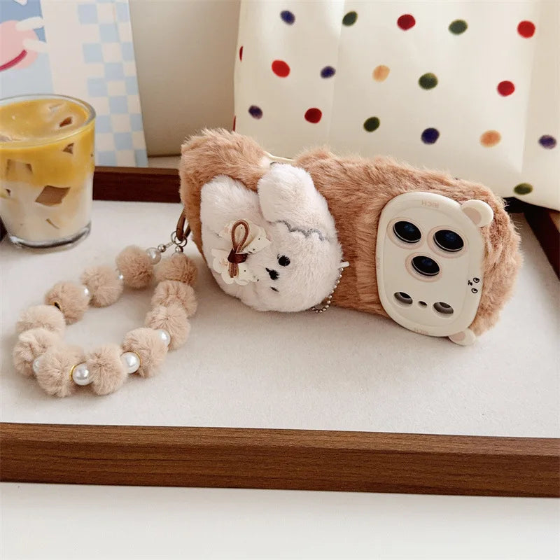 3D Cartoon Bowknot Puppy Warm Fluffy Plush Phone Case For iPhone 17 Air 16 15 14 13 12 11 Pro Max With Lanyard Shockproof Cover