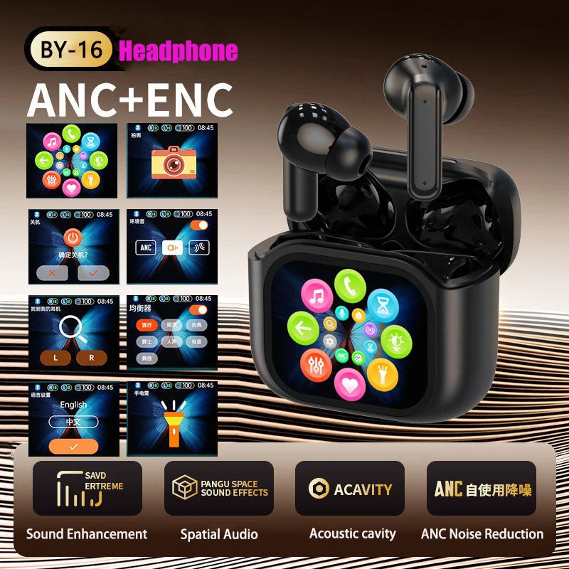 2025 AI Translation Bluetooth Earphones With Smart Display Long Battery Life Noise Reduce New Wireless Digital Display Headset