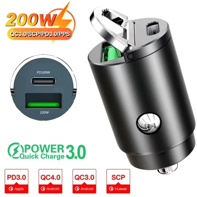 200W Dual USB Car Charger Pull Ring Fast Charging Car Phone Charger Adapter For Xiaomi Samsung Mini Car Charger